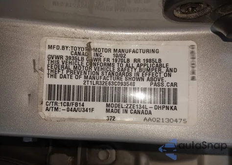 2003 Toyota Matrix Xr from USA, damaged, VIN 2T1LR32E63C093548